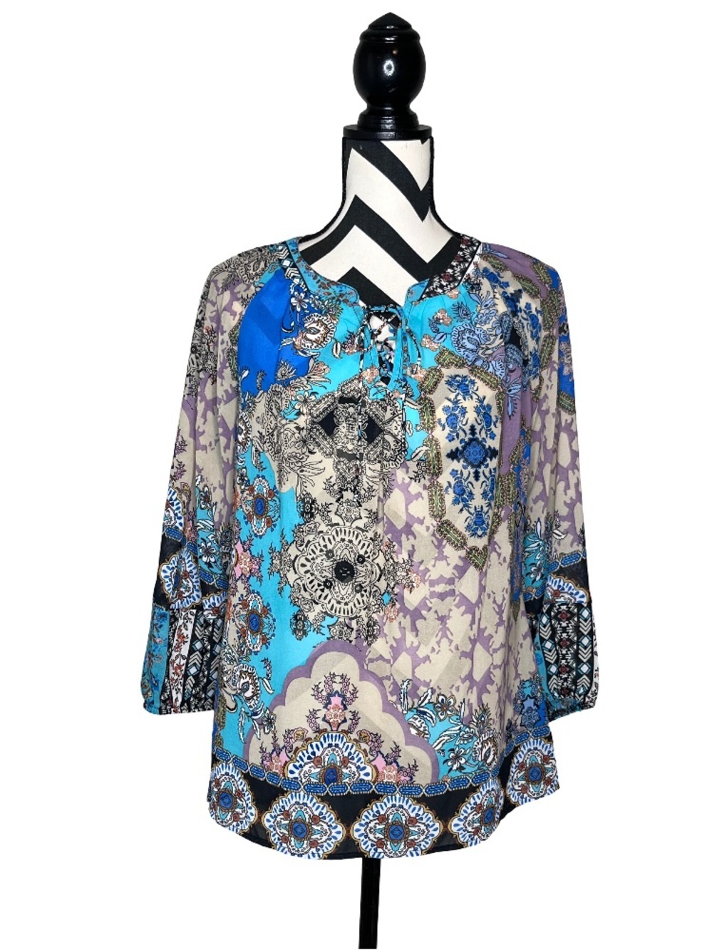 Fig and Flower Sz M Boho Floral Sheer Chiffon Flowy Peasant Blouse